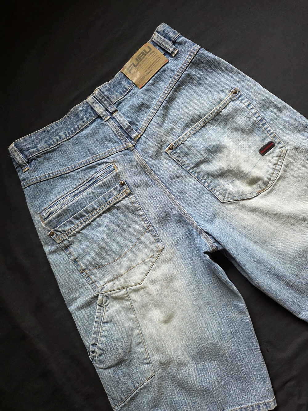 FUBU Mens Y2K Vintage Light Wash Denim Carpenter Shorts Baggy Bermuda Long Jorts - Picture 3 of 9